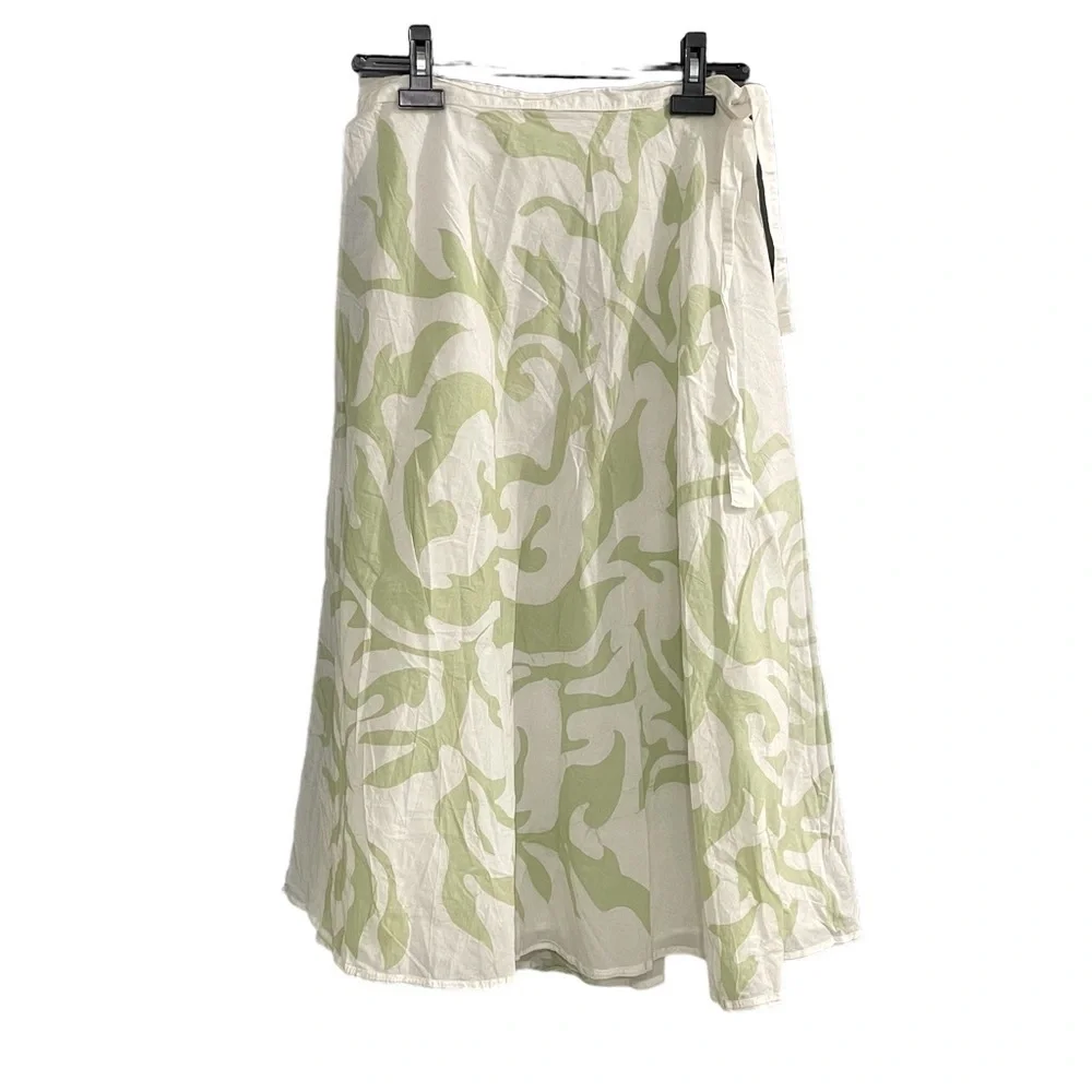 Cotton Floral Print Midi Wrap Skirt White Green S/M